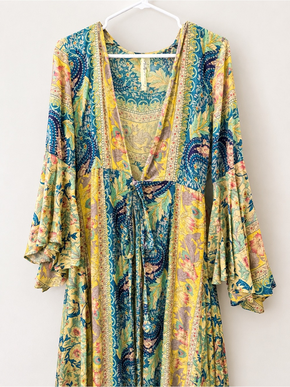 Boho V-Neck Floral Print Tunic Dress with Tie Front - Yellow Blue